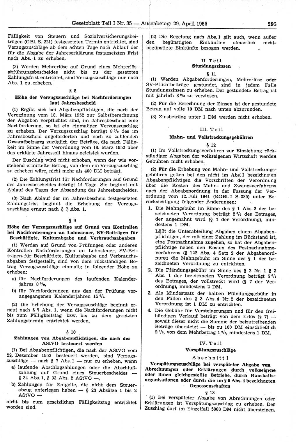Gesetzblatt (GBl.) der Deutschen Demokratischen Republik (DDR) Teil Ⅰ 1955, Seite 295 (GBl. DDR Ⅰ 1955, S. 295)