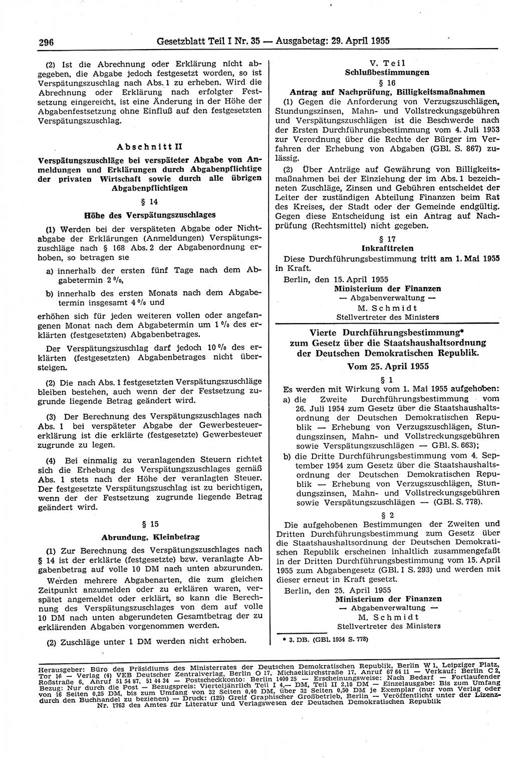 Gesetzblatt (GBl.) der Deutschen Demokratischen Republik (DDR) Teil Ⅰ 1955, Seite 296 (GBl. DDR Ⅰ 1955, S. 296)