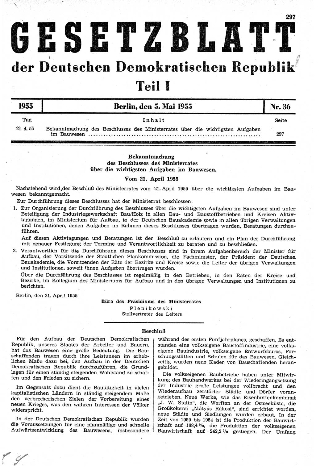 Gesetzblatt (GBl.) der Deutschen Demokratischen Republik (DDR) Teil Ⅰ 1955, Seite 297 (GBl. DDR Ⅰ 1955, S. 297)
