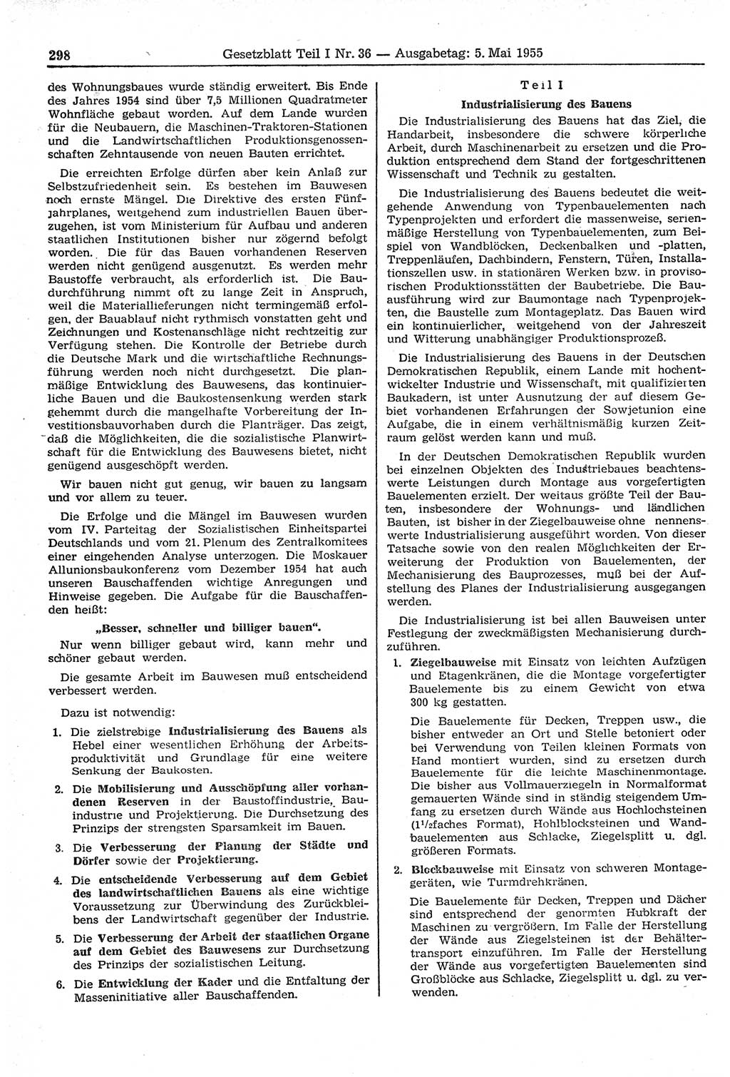 Gesetzblatt (GBl.) der Deutschen Demokratischen Republik (DDR) Teil Ⅰ 1955, Seite 298 (GBl. DDR Ⅰ 1955, S. 298)