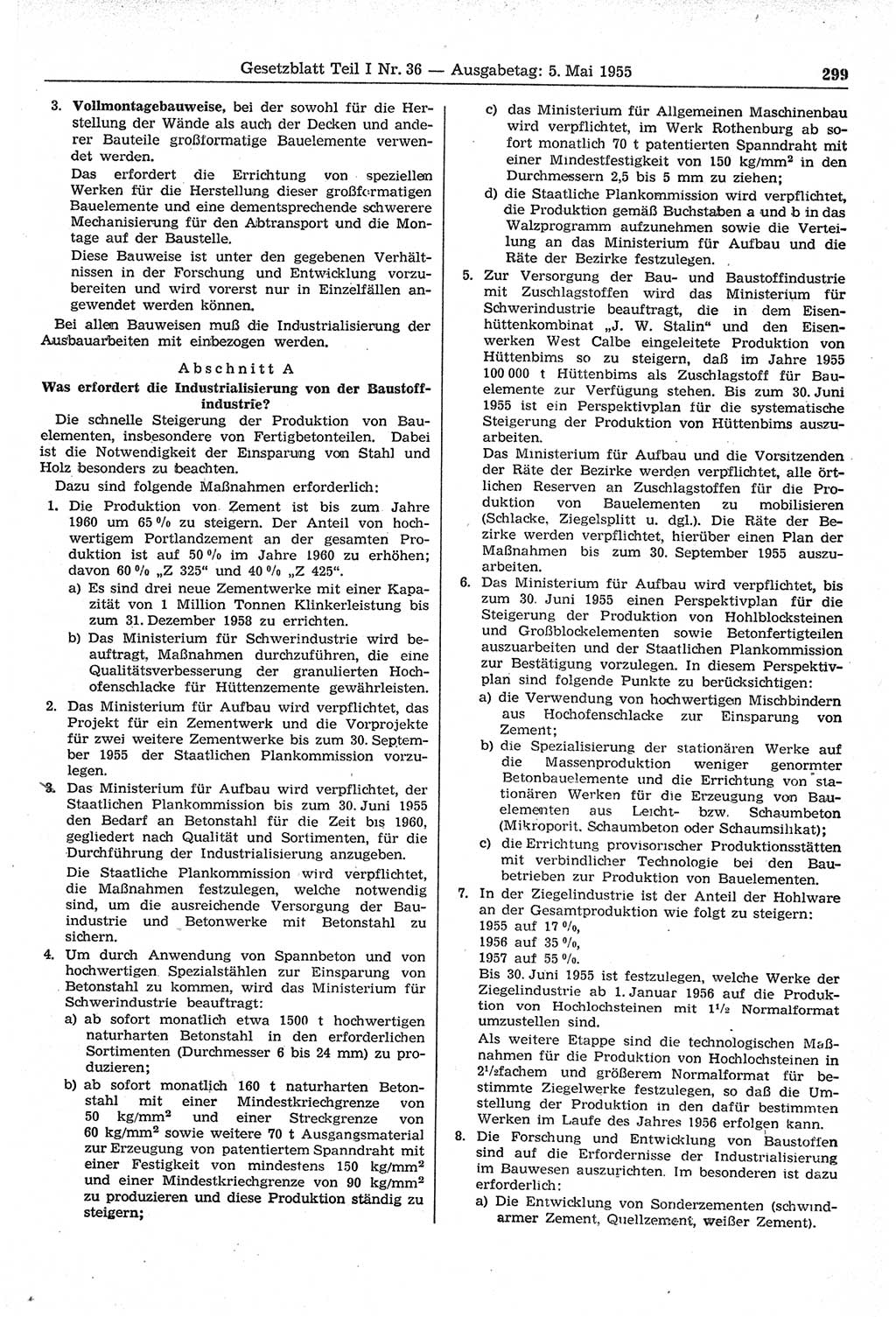 Gesetzblatt (GBl.) der Deutschen Demokratischen Republik (DDR) Teil Ⅰ 1955, Seite 299 (GBl. DDR Ⅰ 1955, S. 299)