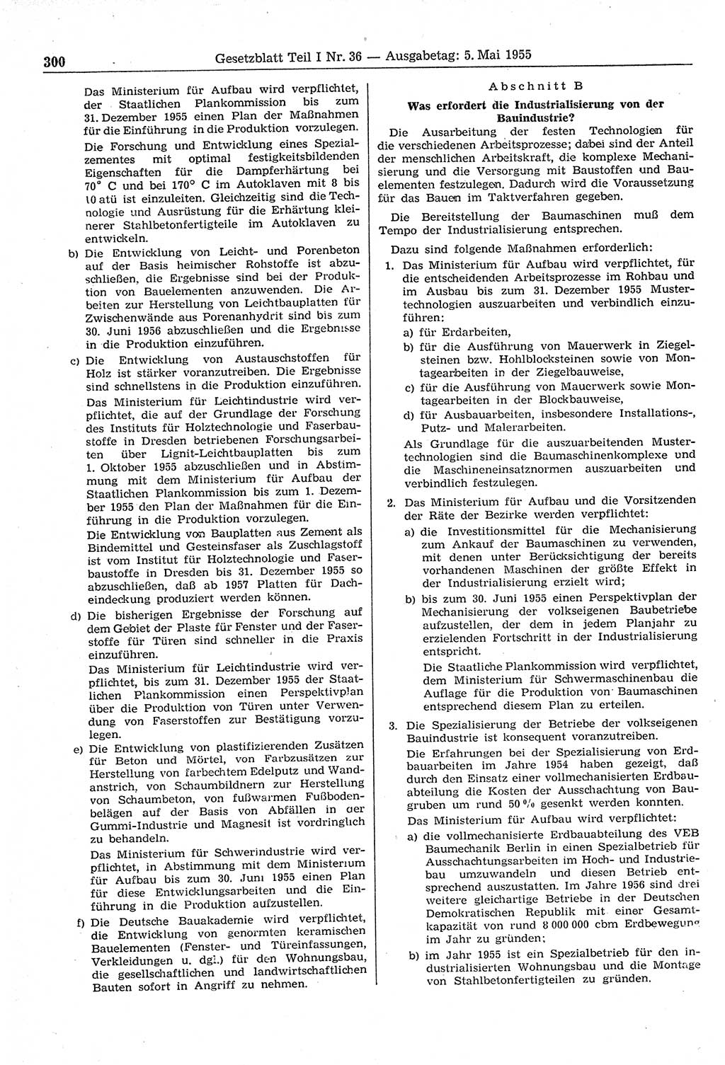 Gesetzblatt (GBl.) der Deutschen Demokratischen Republik (DDR) Teil Ⅰ 1955, Seite 300 (GBl. DDR Ⅰ 1955, S. 300)