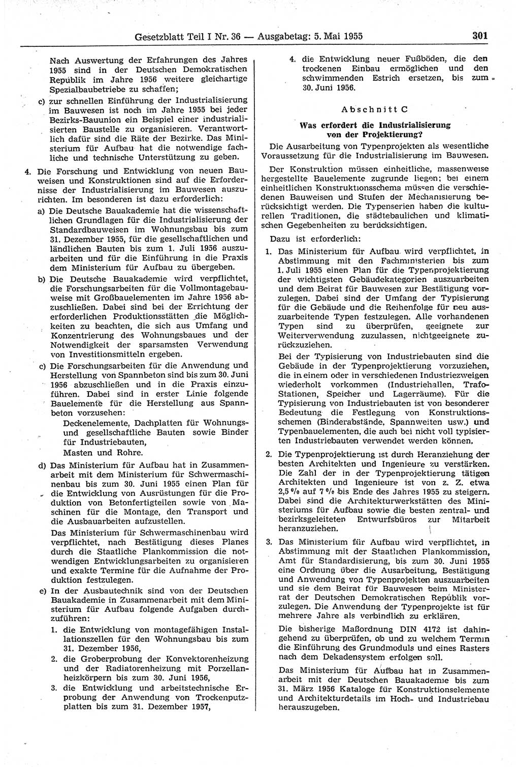 Gesetzblatt (GBl.) der Deutschen Demokratischen Republik (DDR) Teil Ⅰ 1955, Seite 301 (GBl. DDR Ⅰ 1955, S. 301)