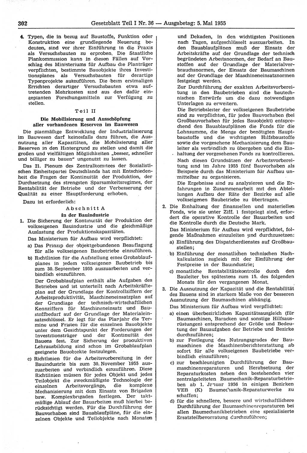 Gesetzblatt (GBl.) der Deutschen Demokratischen Republik (DDR) Teil Ⅰ 1955, Seite 302 (GBl. DDR Ⅰ 1955, S. 302)