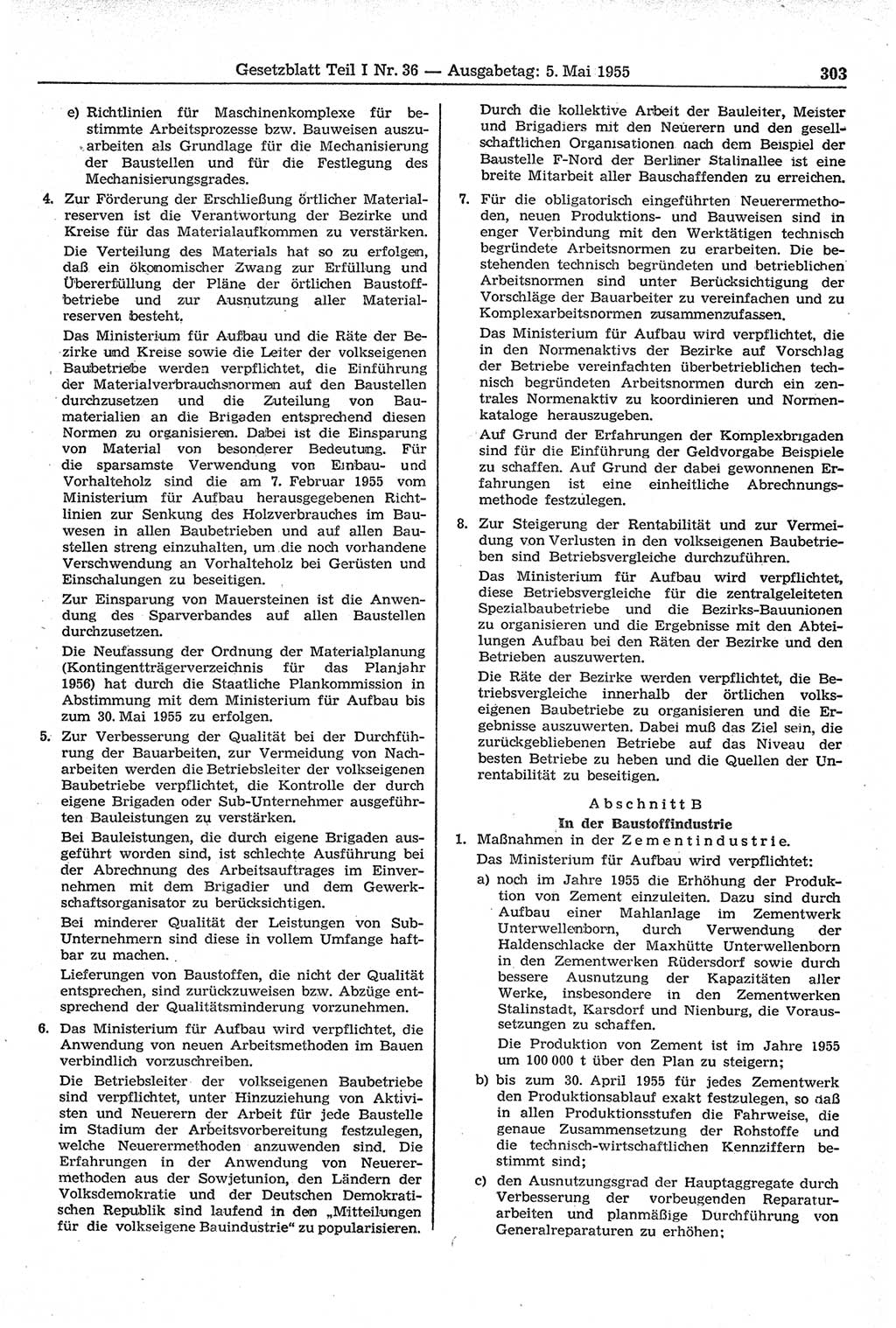 Gesetzblatt (GBl.) der Deutschen Demokratischen Republik (DDR) Teil Ⅰ 1955, Seite 303 (GBl. DDR Ⅰ 1955, S. 303)
