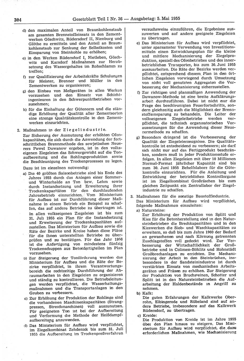 Gesetzblatt (GBl.) der Deutschen Demokratischen Republik (DDR) Teil Ⅰ 1955, Seite 304 (GBl. DDR Ⅰ 1955, S. 304)