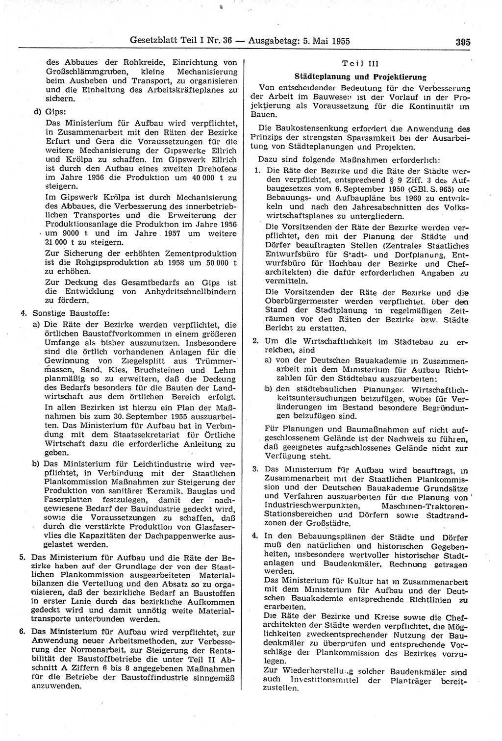 Gesetzblatt (GBl.) der Deutschen Demokratischen Republik (DDR) Teil Ⅰ 1955, Seite 305 (GBl. DDR Ⅰ 1955, S. 305)