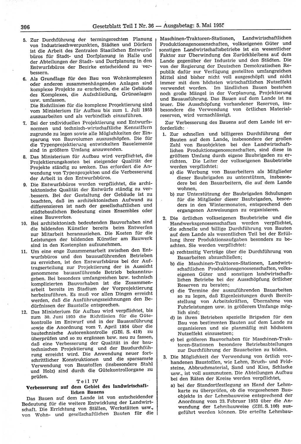 Gesetzblatt (GBl.) der Deutschen Demokratischen Republik (DDR) Teil Ⅰ 1955, Seite 306 (GBl. DDR Ⅰ 1955, S. 306)