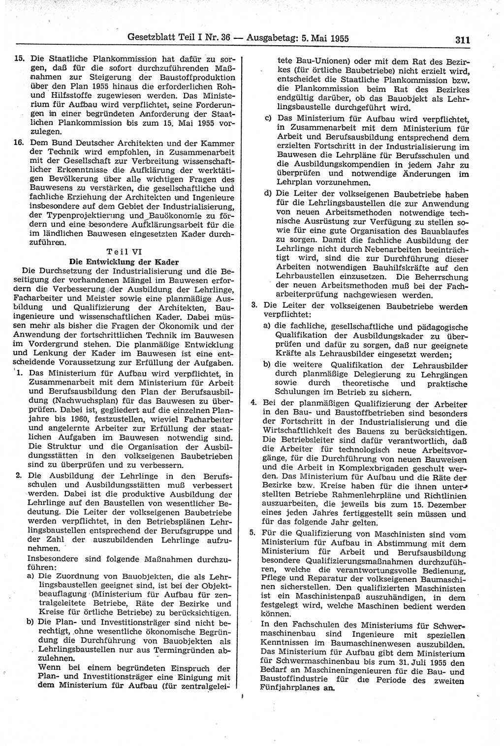 Gesetzblatt (GBl.) der Deutschen Demokratischen Republik (DDR) Teil Ⅰ 1955, Seite 311 (GBl. DDR Ⅰ 1955, S. 311)