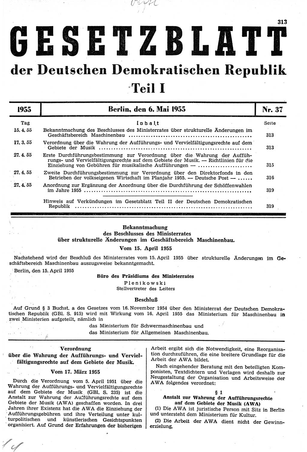 Gesetzblatt (GBl.) der Deutschen Demokratischen Republik (DDR) Teil Ⅰ 1955, Seite 313 (GBl. DDR Ⅰ 1955, S. 313)