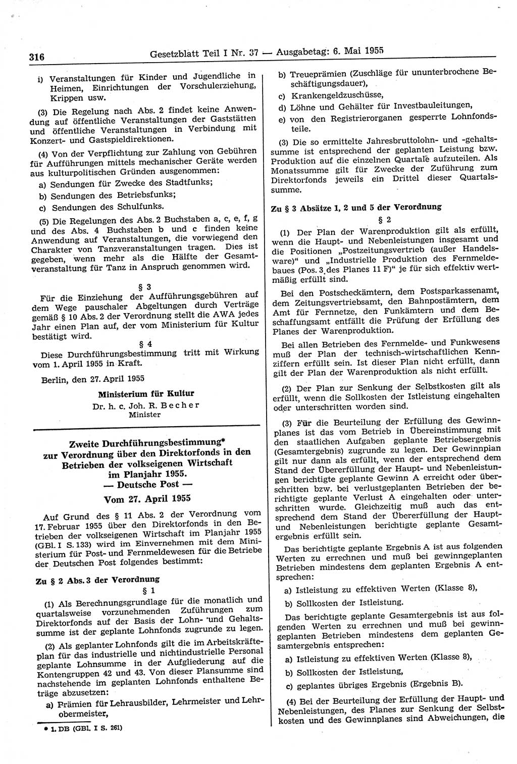Gesetzblatt (GBl.) der Deutschen Demokratischen Republik (DDR) Teil Ⅰ 1955, Seite 316 (GBl. DDR Ⅰ 1955, S. 316)