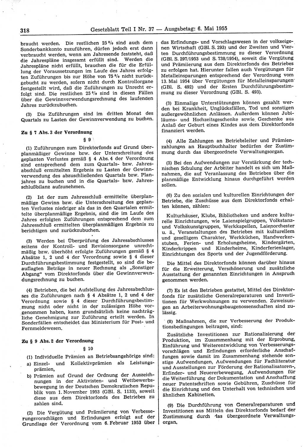 Gesetzblatt (GBl.) der Deutschen Demokratischen Republik (DDR) Teil Ⅰ 1955, Seite 318 (GBl. DDR Ⅰ 1955, S. 318)