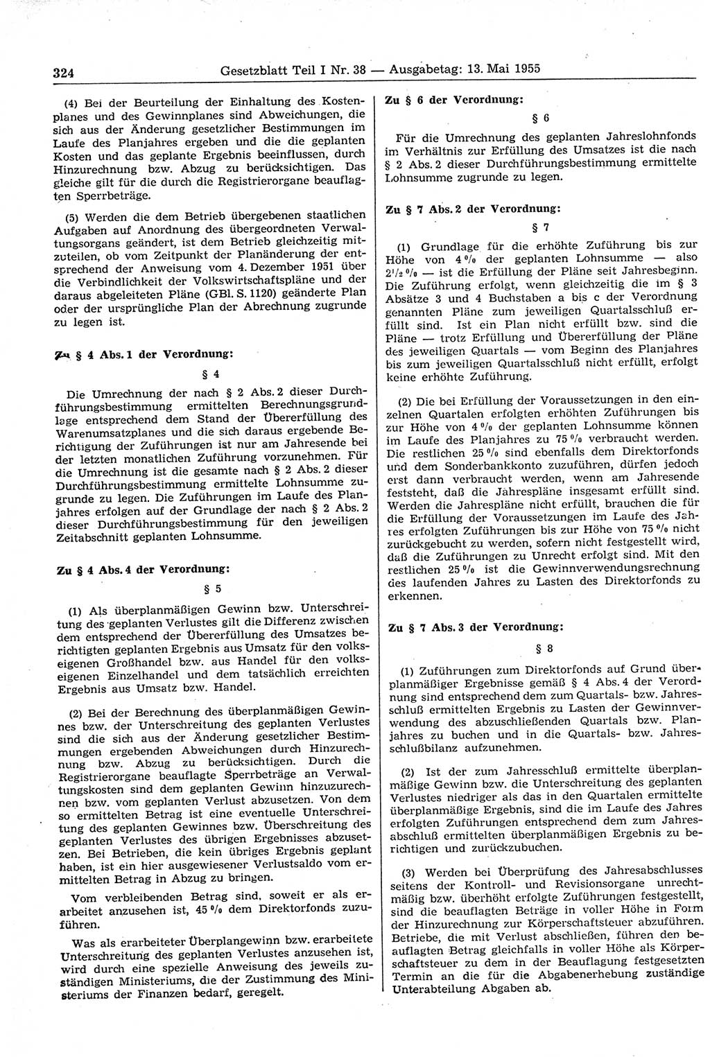 Gesetzblatt (GBl.) der Deutschen Demokratischen Republik (DDR) Teil Ⅰ 1955, Seite 324 (GBl. DDR Ⅰ 1955, S. 324)