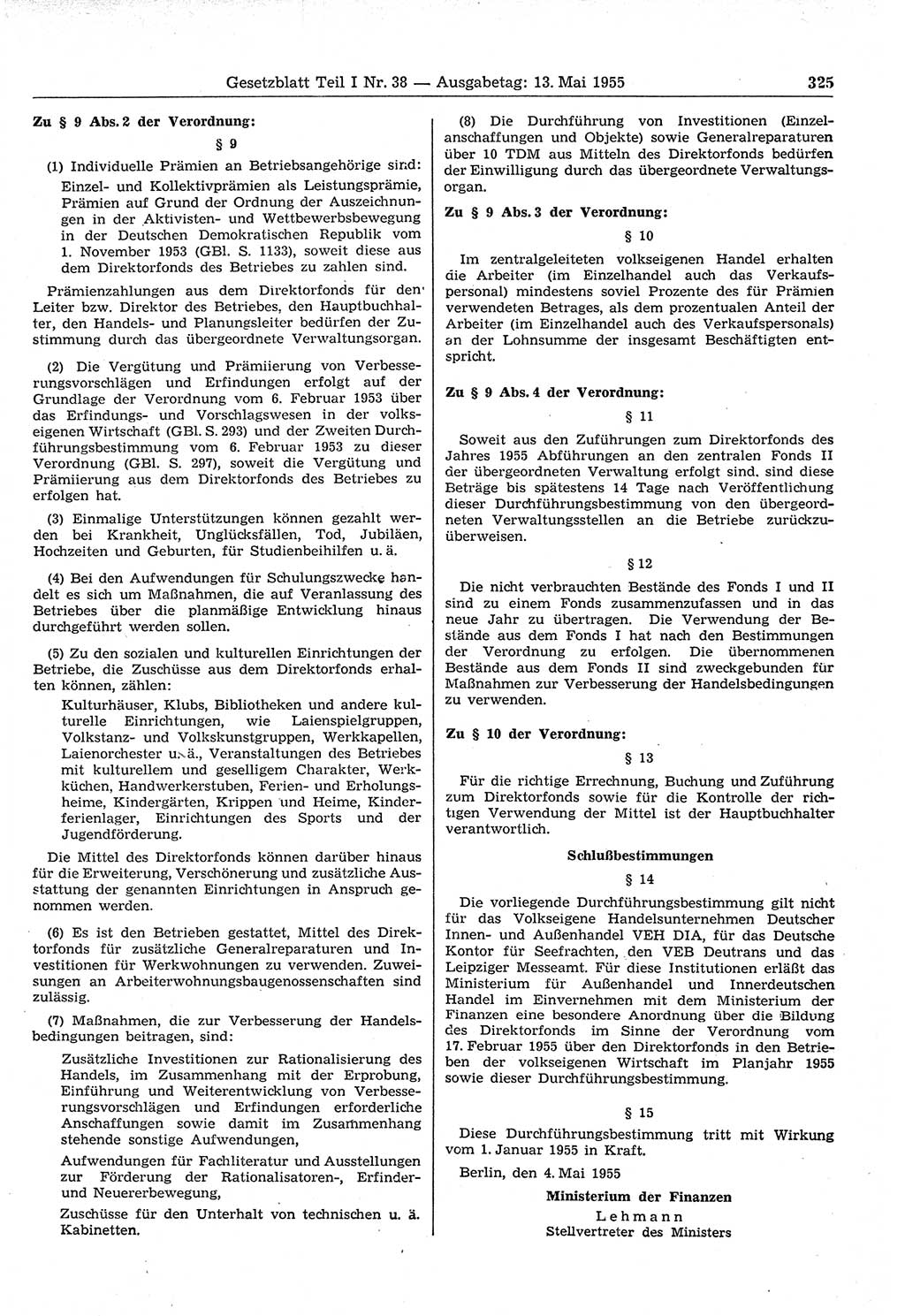Gesetzblatt (GBl.) der Deutschen Demokratischen Republik (DDR) Teil Ⅰ 1955, Seite 325 (GBl. DDR Ⅰ 1955, S. 325)