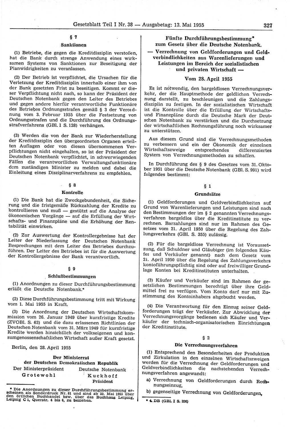 Gesetzblatt (GBl.) der Deutschen Demokratischen Republik (DDR) Teil Ⅰ 1955, Seite 327 (GBl. DDR Ⅰ 1955, S. 327)