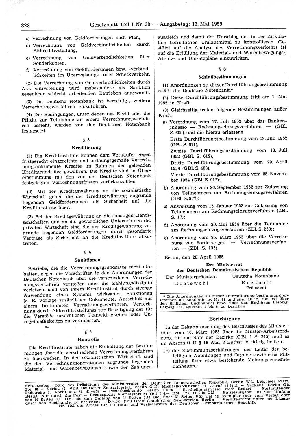 Gesetzblatt (GBl.) der Deutschen Demokratischen Republik (DDR) Teil Ⅰ 1955, Seite 328 (GBl. DDR Ⅰ 1955, S. 328)