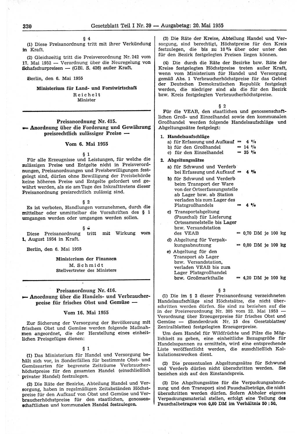 Gesetzblatt (GBl.) der Deutschen Demokratischen Republik (DDR) Teil Ⅰ 1955, Seite 330 (GBl. DDR Ⅰ 1955, S. 330)