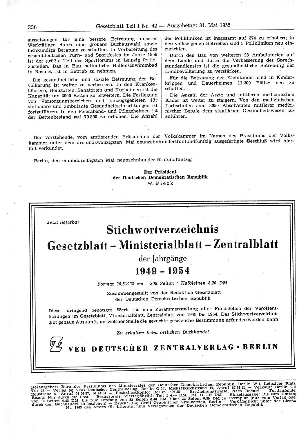 Gesetzblatt (GBl.) der Deutschen Demokratischen Republik (DDR) Teil Ⅰ 1955, Seite 356 (GBl. DDR Ⅰ 1955, S. 356)