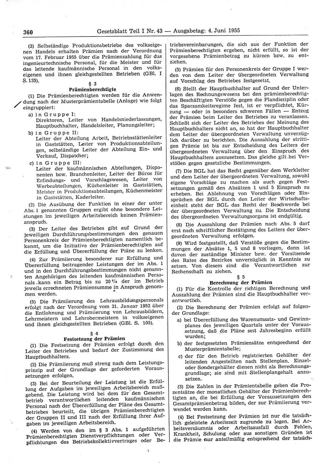 Gesetzblatt (GBl.) der Deutschen Demokratischen Republik (DDR) Teil Ⅰ 1955, Seite 360 (GBl. DDR Ⅰ 1955, S. 360)