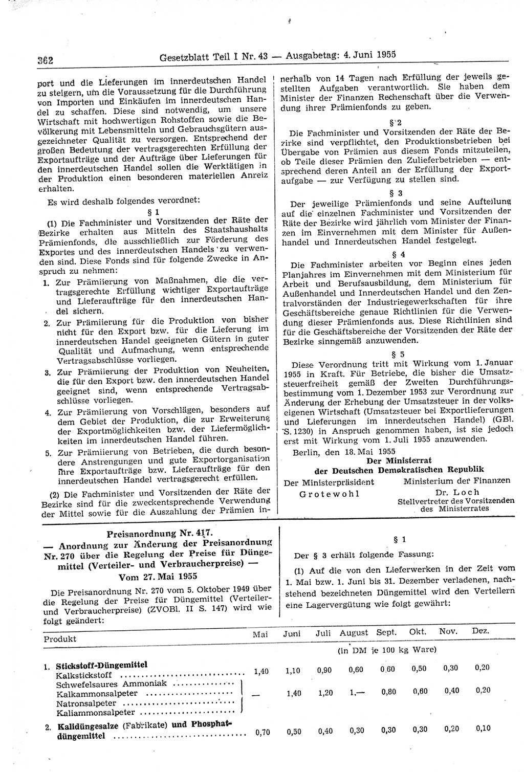 Gesetzblatt (GBl.) der Deutschen Demokratischen Republik (DDR) Teil Ⅰ 1955, Seite 362 (GBl. DDR Ⅰ 1955, S. 362)