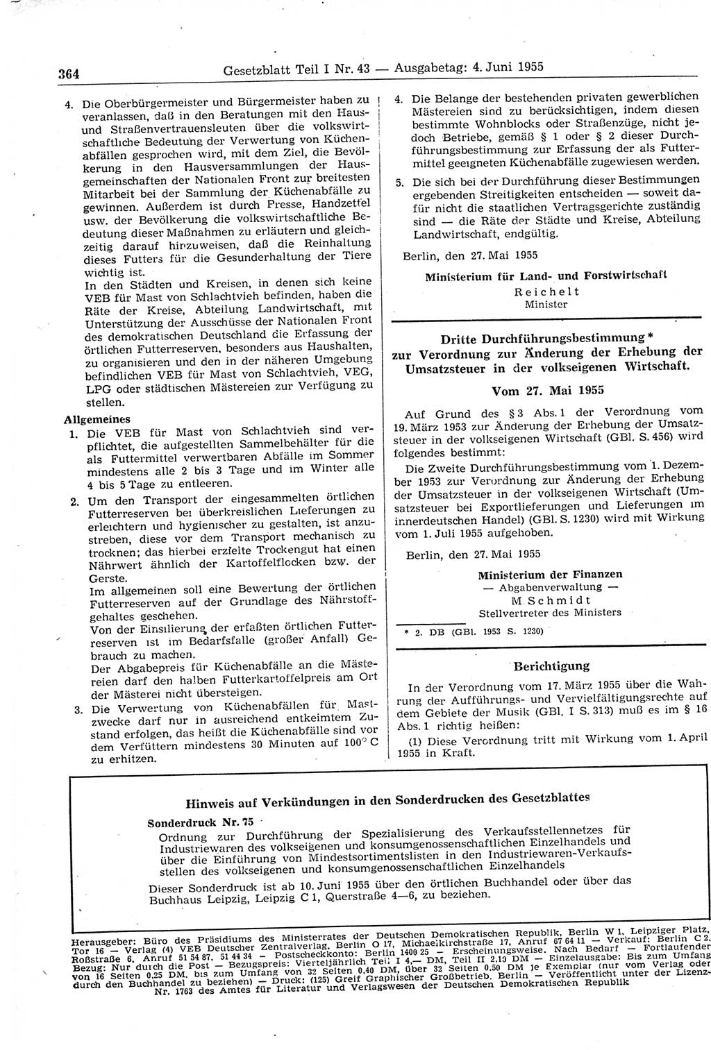 Gesetzblatt (GBl.) der Deutschen Demokratischen Republik (DDR) Teil Ⅰ 1955, Seite 364 (GBl. DDR Ⅰ 1955, S. 364)