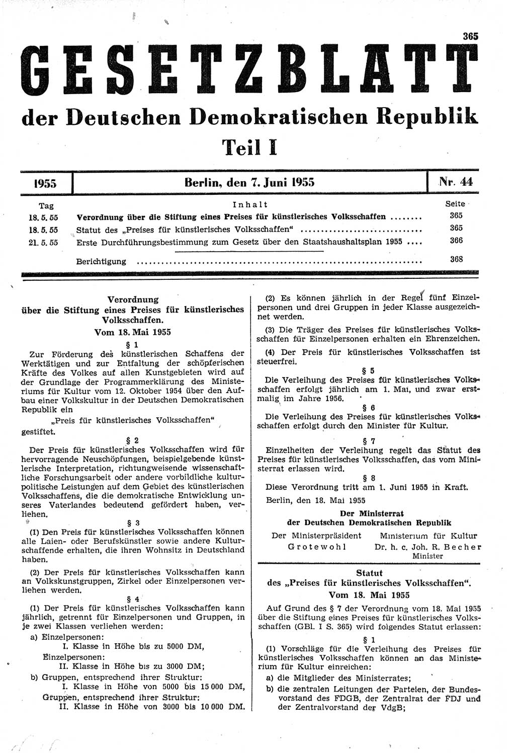 Gesetzblatt (GBl.) der Deutschen Demokratischen Republik (DDR) Teil Ⅰ 1955, Seite 365 (GBl. DDR Ⅰ 1955, S. 365)