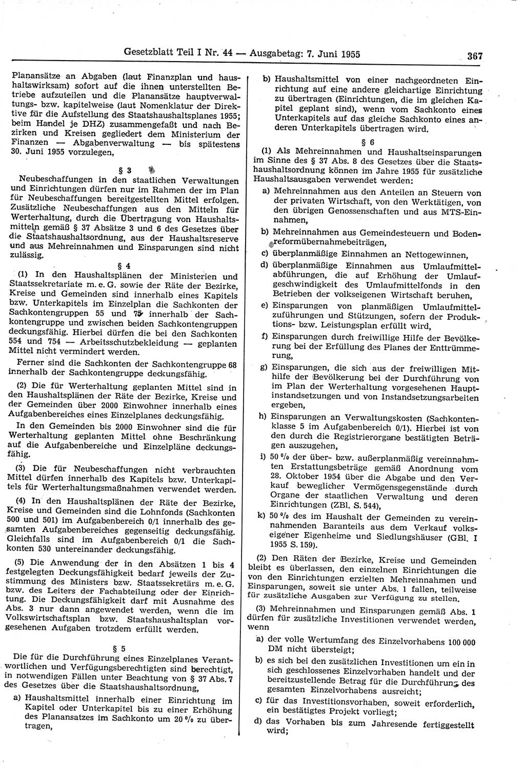 Gesetzblatt (GBl.) der Deutschen Demokratischen Republik (DDR) Teil Ⅰ 1955, Seite 367 (GBl. DDR Ⅰ 1955, S. 367)