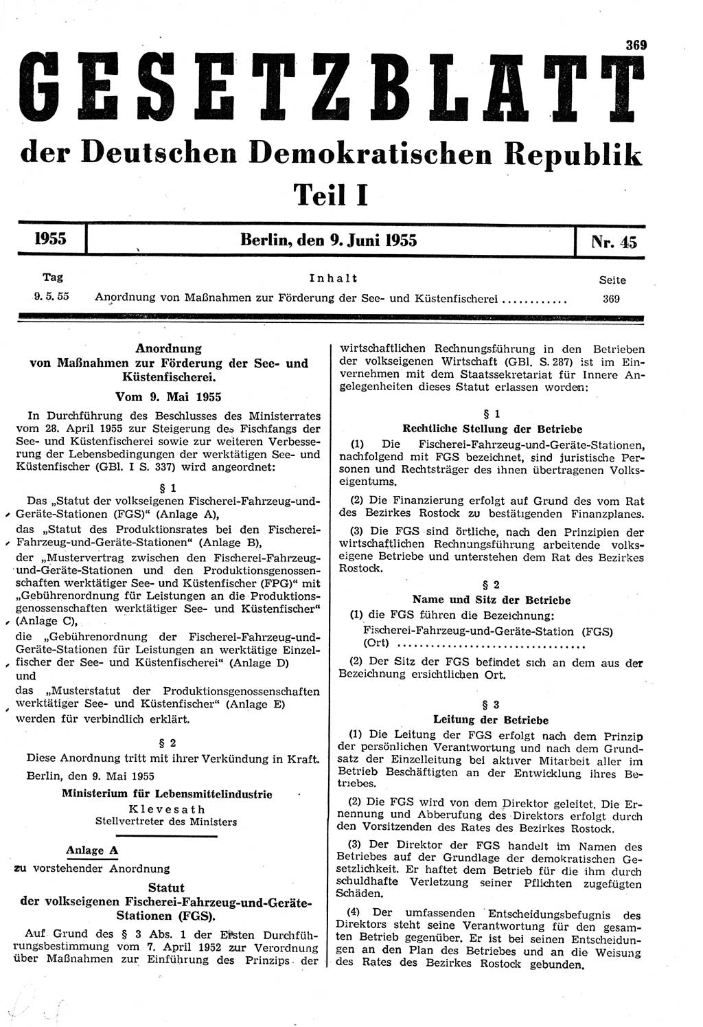 Gesetzblatt (GBl.) der Deutschen Demokratischen Republik (DDR) Teil Ⅰ 1955, Seite 369 (GBl. DDR Ⅰ 1955, S. 369)
