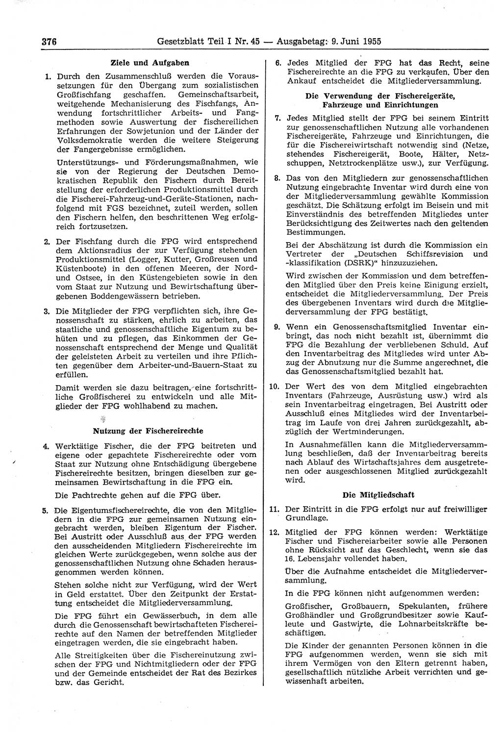Gesetzblatt (GBl.) der Deutschen Demokratischen Republik (DDR) Teil Ⅰ 1955, Seite 376 (GBl. DDR Ⅰ 1955, S. 376)