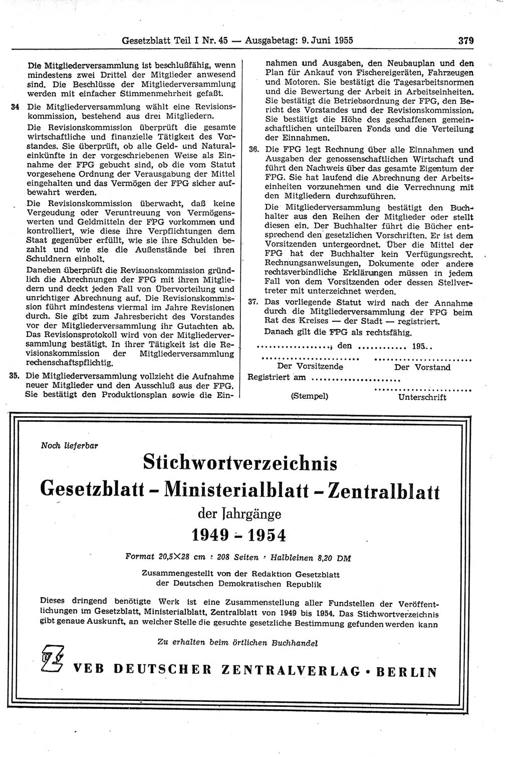 Gesetzblatt (GBl.) der Deutschen Demokratischen Republik (DDR) Teil Ⅰ 1955, Seite 379 (GBl. DDR Ⅰ 1955, S. 379)