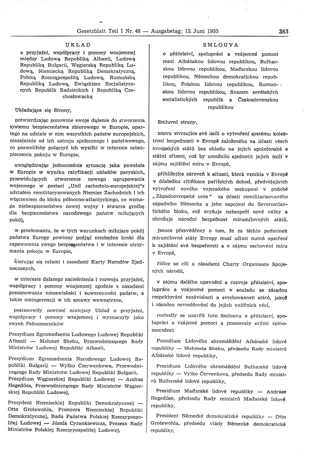 Gesetzblatt (GBl.) der Deutschen Demokratischen Republik (DDR) Teil Ⅰ 1955, Seite 383 (GBl. DDR Ⅰ 1955, S. 383)