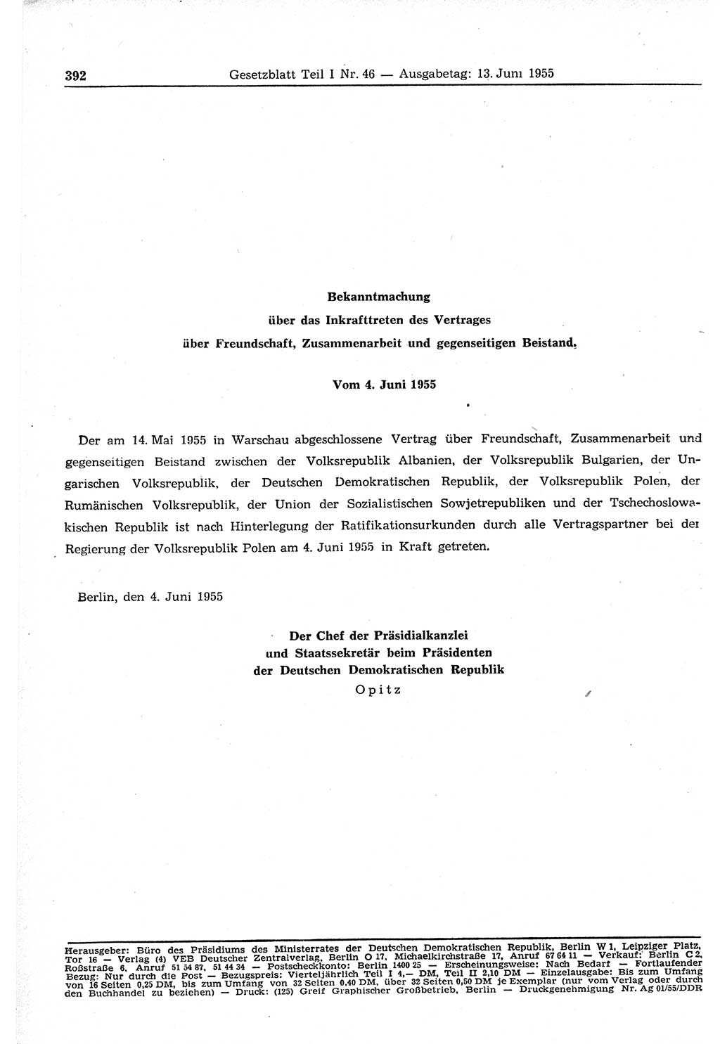 Gesetzblatt (GBl.) der Deutschen Demokratischen Republik (DDR) Teil Ⅰ 1955, Seite 392 (GBl. DDR Ⅰ 1955, S. 392)
