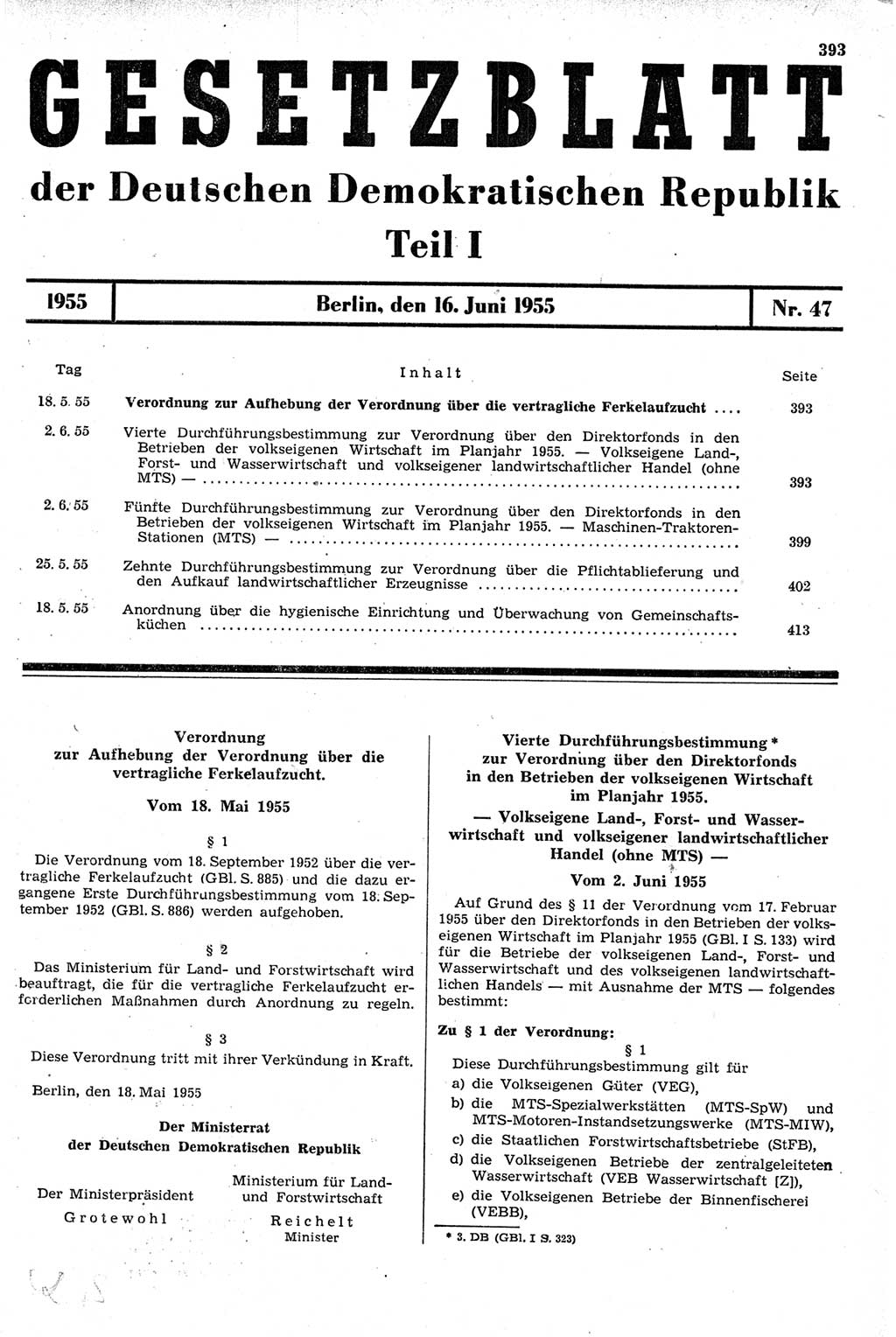 Gesetzblatt (GBl.) der Deutschen Demokratischen Republik (DDR) Teil Ⅰ 1955, Seite 393 (GBl. DDR Ⅰ 1955, S. 393)