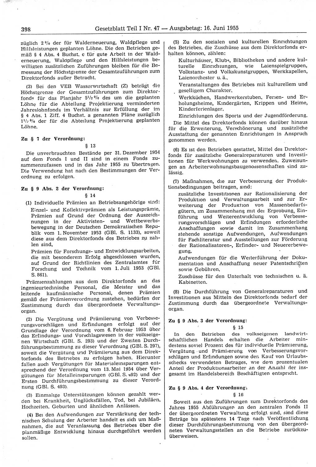 Gesetzblatt (GBl.) der Deutschen Demokratischen Republik (DDR) Teil Ⅰ 1955, Seite 398 (GBl. DDR Ⅰ 1955, S. 398)