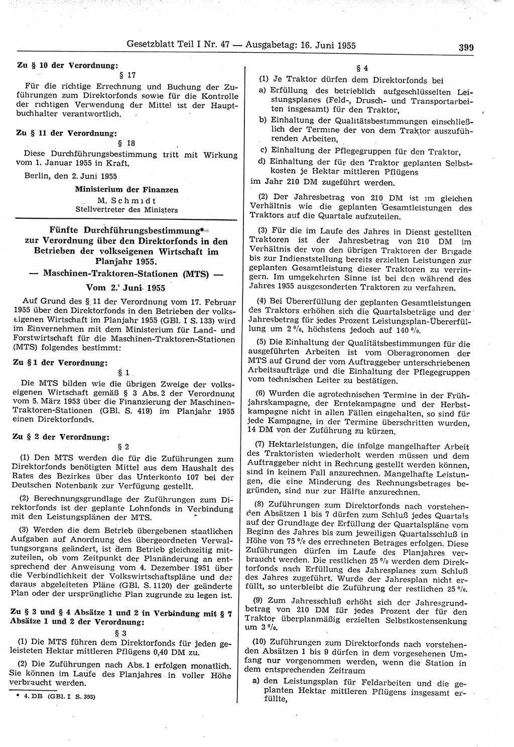 Gesetzblatt (GBl.) der Deutschen Demokratischen Republik (DDR) Teil Ⅰ 1955, Seite 399 (GBl. DDR Ⅰ 1955, S. 399)