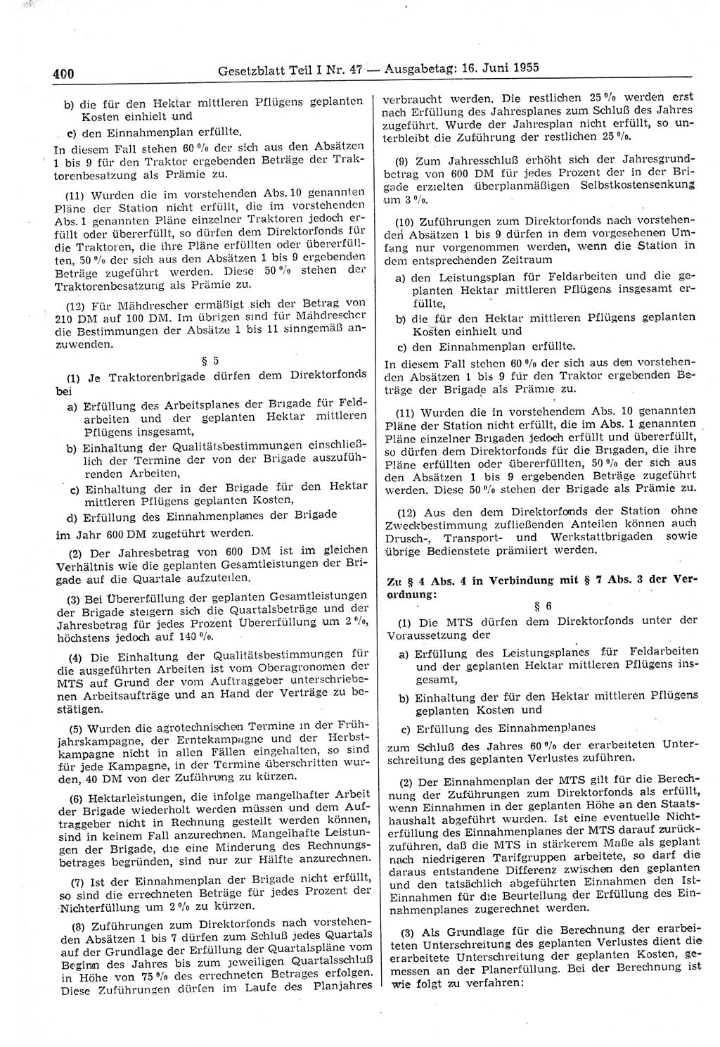 Gesetzblatt (GBl.) der Deutschen Demokratischen Republik (DDR) Teil Ⅰ 1955, Seite 400 (GBl. DDR Ⅰ 1955, S. 400)