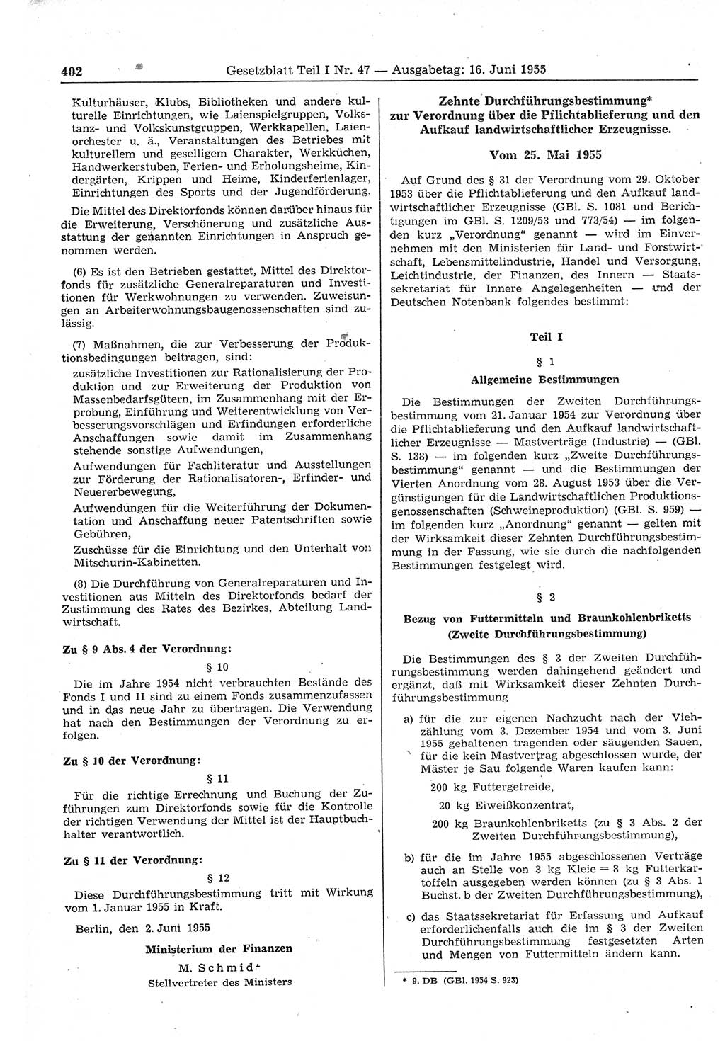 Gesetzblatt (GBl.) der Deutschen Demokratischen Republik (DDR) Teil Ⅰ 1955, Seite 402 (GBl. DDR Ⅰ 1955, S. 402)