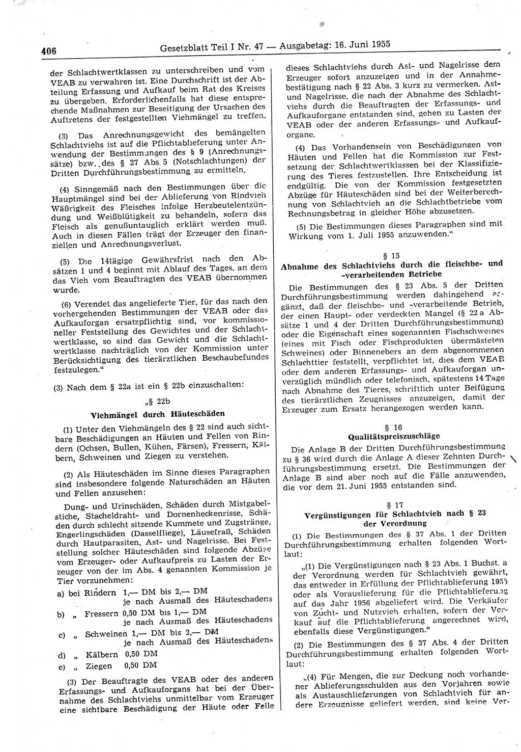 Gesetzblatt (GBl.) der Deutschen Demokratischen Republik (DDR) Teil Ⅰ 1955, Seite 406 (GBl. DDR Ⅰ 1955, S. 406)