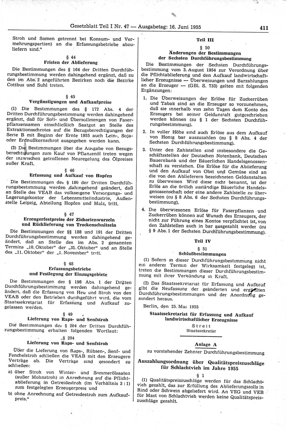 Gesetzblatt (GBl.) der Deutschen Demokratischen Republik (DDR) Teil Ⅰ 1955, Seite 411 (GBl. DDR Ⅰ 1955, S. 411)