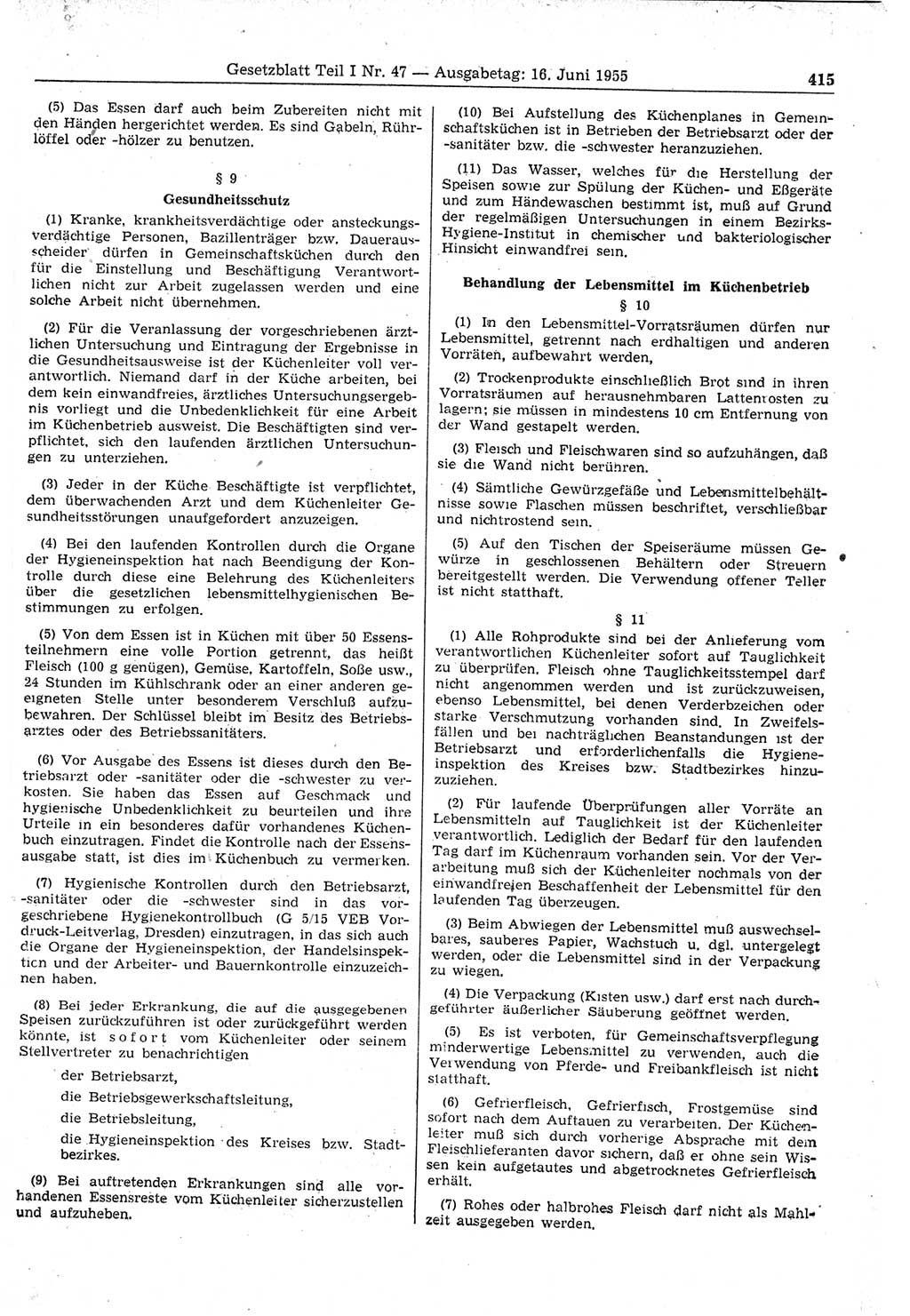 Gesetzblatt (GBl.) der Deutschen Demokratischen Republik (DDR) Teil Ⅰ 1955, Seite 415 (GBl. DDR Ⅰ 1955, S. 415)