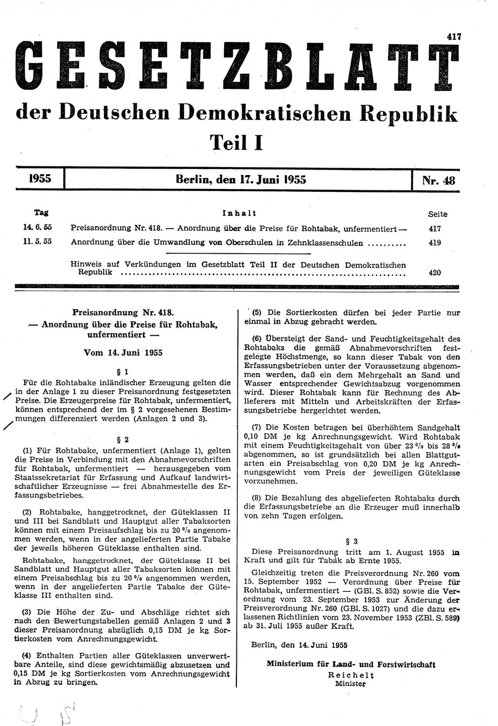 Gesetzblatt (GBl.) der Deutschen Demokratischen Republik (DDR) Teil Ⅰ 1955, Seite 417 (GBl. DDR Ⅰ 1955, S. 417)