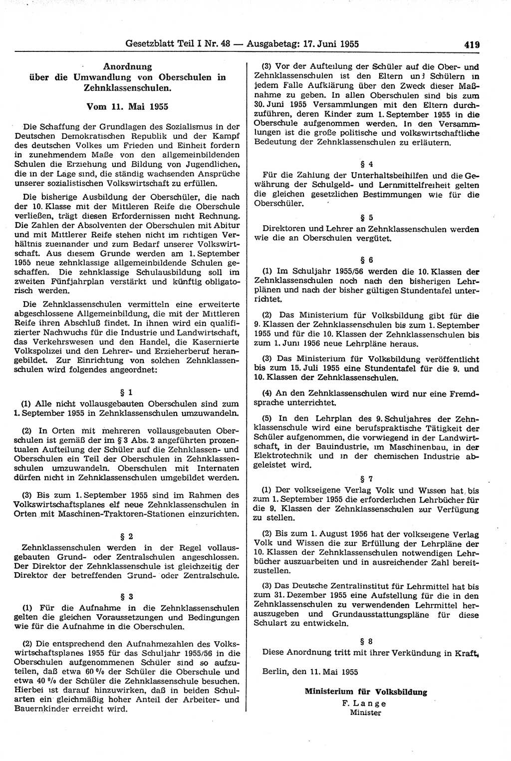 Gesetzblatt (GBl.) der Deutschen Demokratischen Republik (DDR) Teil Ⅰ 1955, Seite 419 (GBl. DDR Ⅰ 1955, S. 419)