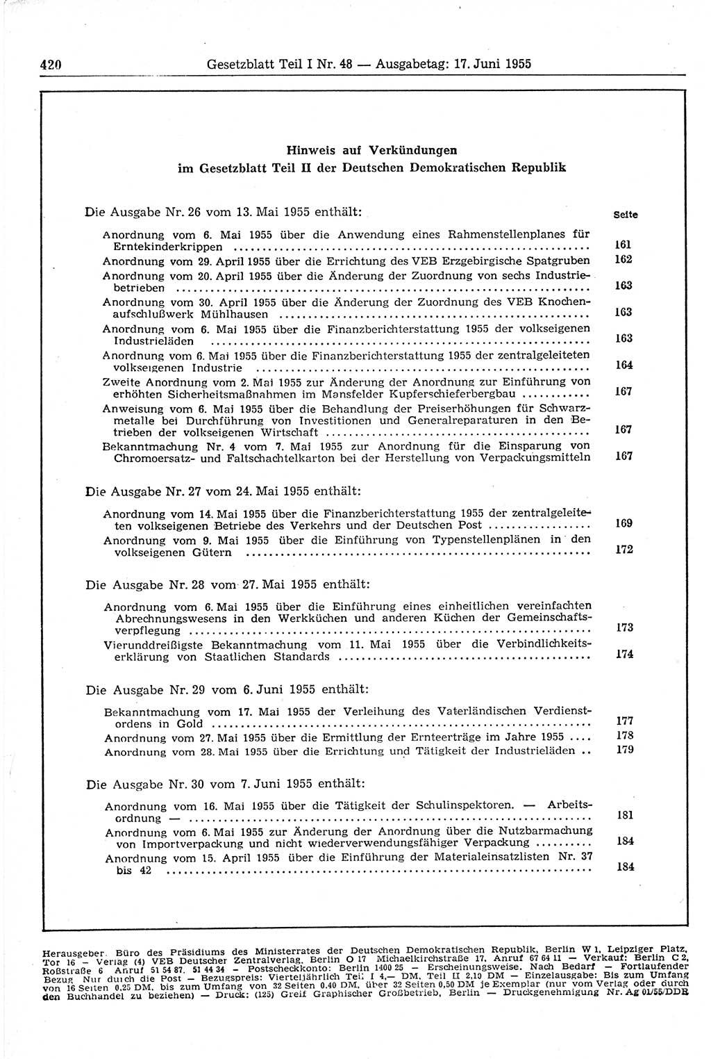 Gesetzblatt (GBl.) der Deutschen Demokratischen Republik (DDR) Teil Ⅰ 1955, Seite 420 (GBl. DDR Ⅰ 1955, S. 420)