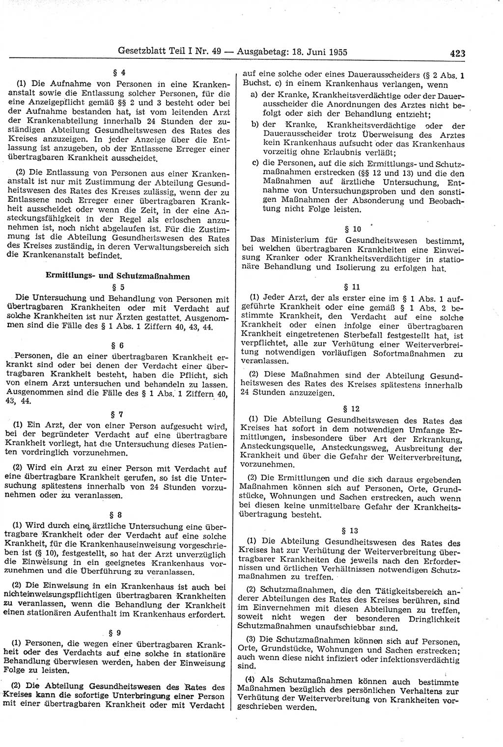 Gesetzblatt (GBl.) der Deutschen Demokratischen Republik (DDR) Teil Ⅰ 1955, Seite 423 (GBl. DDR Ⅰ 1955, S. 423)