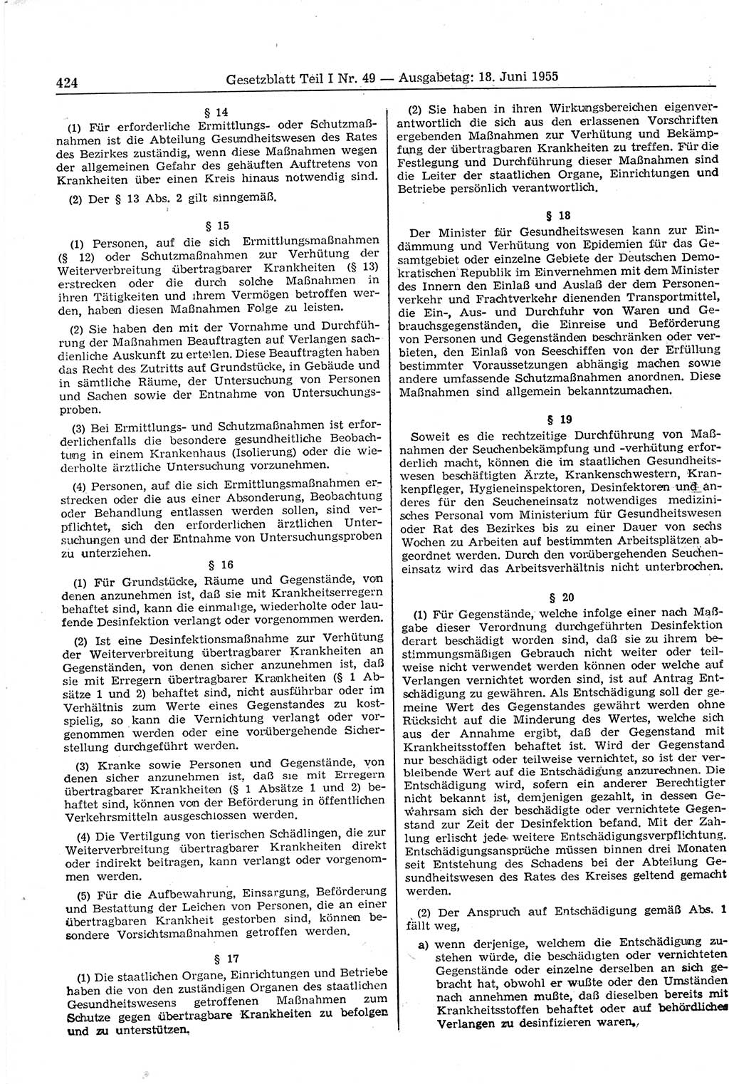 Gesetzblatt (GBl.) der Deutschen Demokratischen Republik (DDR) Teil Ⅰ 1955, Seite 424 (GBl. DDR Ⅰ 1955, S. 424)
