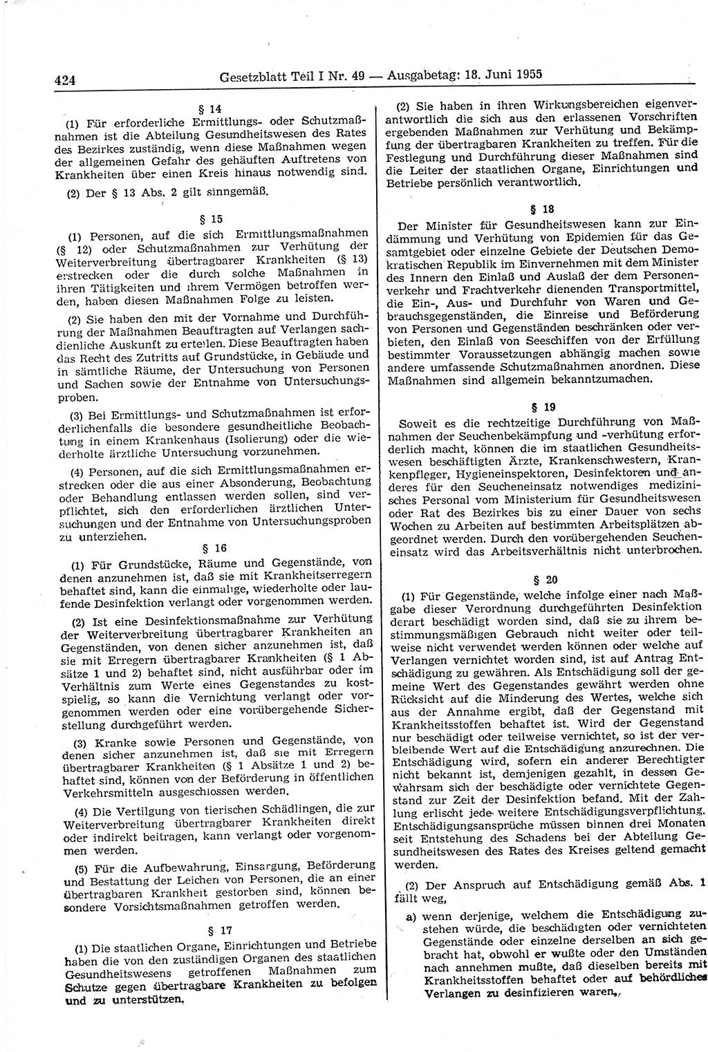Gesetzblatt (GBl.) der Deutschen Demokratischen Republik (DDR) Teil Ⅰ 1955, Seite 424 (GBl. DDR Ⅰ 1955, S. 424)