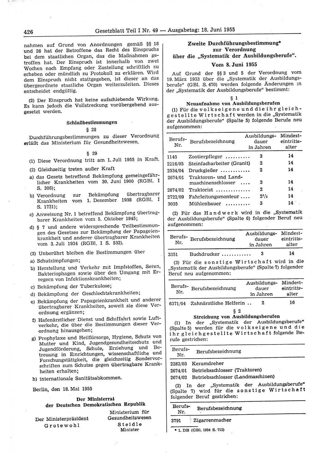 Gesetzblatt (GBl.) der Deutschen Demokratischen Republik (DDR) Teil Ⅰ 1955, Seite 426 (GBl. DDR Ⅰ 1955, S. 426)