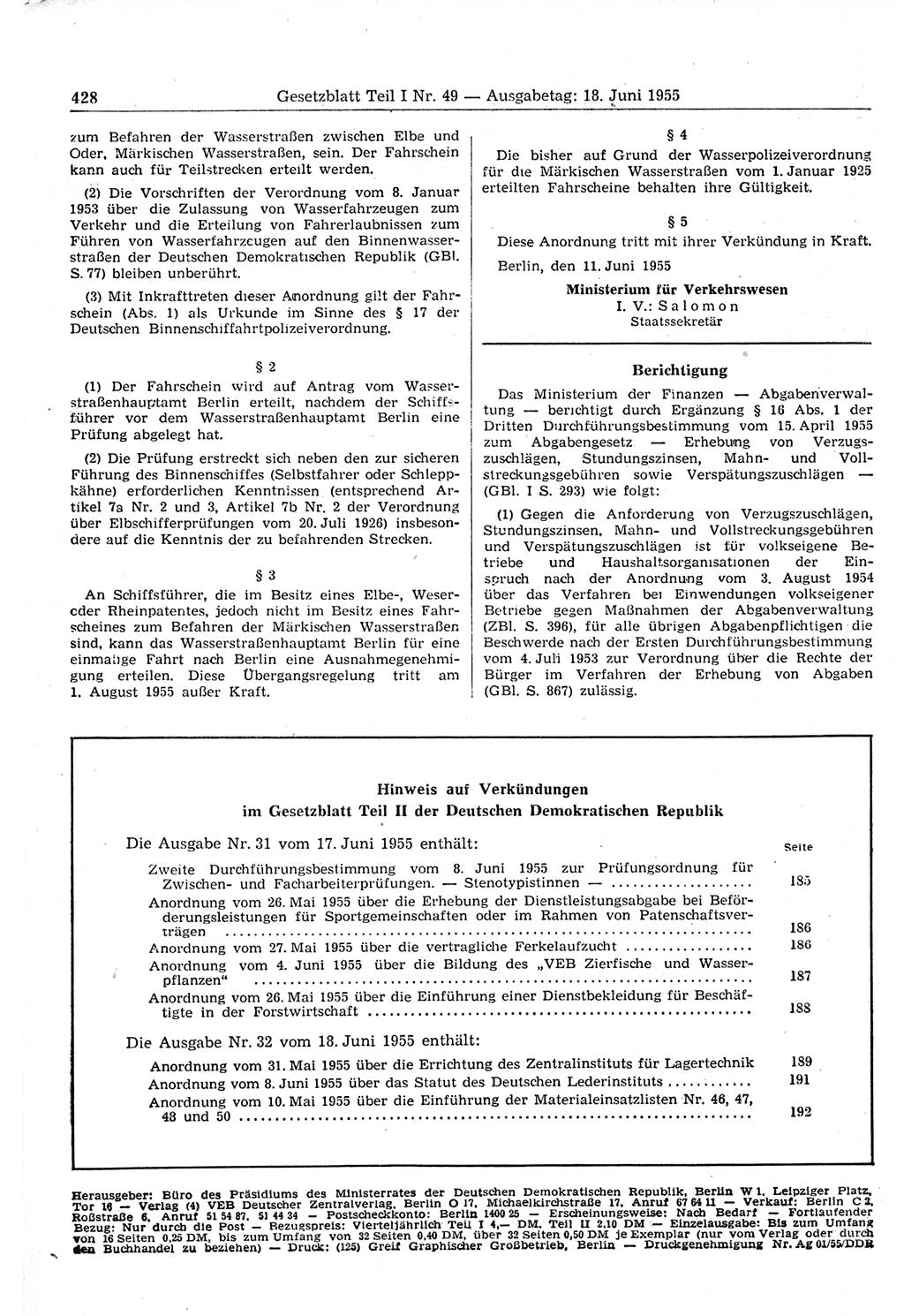 Gesetzblatt (GBl.) der Deutschen Demokratischen Republik (DDR) Teil Ⅰ 1955, Seite 428 (GBl. DDR Ⅰ 1955, S. 428)