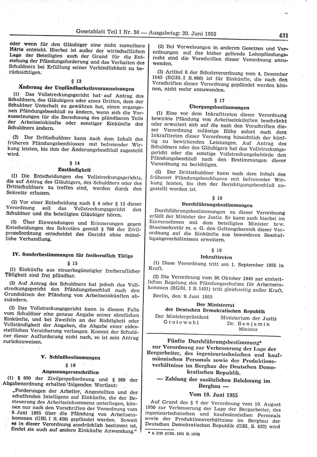 Gesetzblatt (GBl.) der Deutschen Demokratischen Republik (DDR) Teil Ⅰ 1955, Seite 431 (GBl. DDR Ⅰ 1955, S. 431)