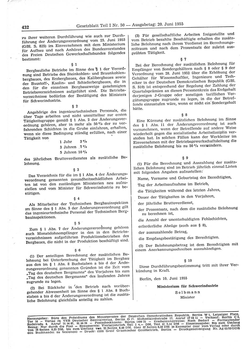 Gesetzblatt (GBl.) der Deutschen Demokratischen Republik (DDR) Teil Ⅰ 1955, Seite 432 (GBl. DDR Ⅰ 1955, S. 432)